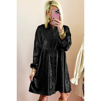 Black Metallic Sheen Puff Sleeve Button Up Mini Shirt Dress