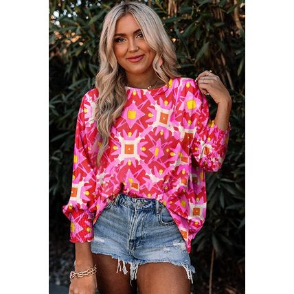 Strawberry Pink Geometric Print Shirred Cuff 3/4 Sleeve Loose Blouse