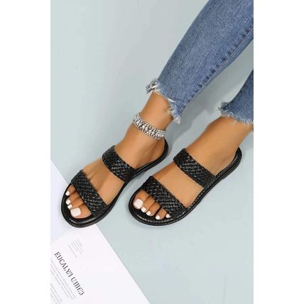 Black Braided Double Band Leathered Flat Slippers