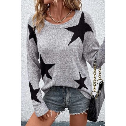 Gray Star Pattern Drop Shoulder Sweater
