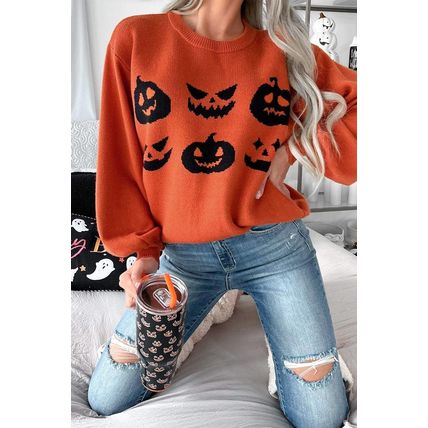 Orange Halloween Pumpkin Face Pattern Drop Shoulder Sweater