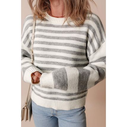 Gray Stripe Drop Shoulder Crew Neck Sweater