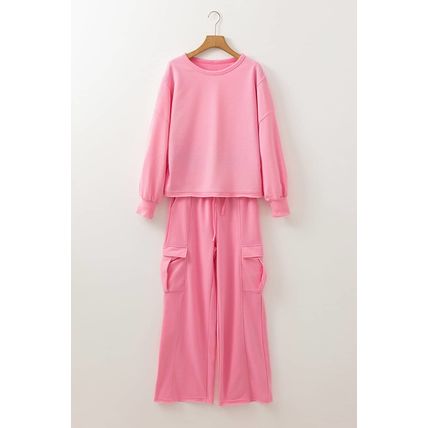 Sachet Pink Solid Color Patchwork Pullover Top and Cargo Pants Set