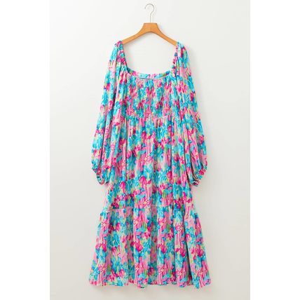 Sky Blue Floral Allover Print Shirred Square Neck Plus Size Maxi Dress