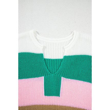 Multicolour Color Block Notch V Neck Sweater T Shirt