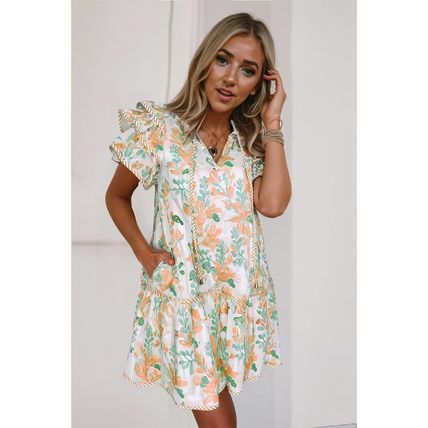 Orange Floral Contrast Edge Layered Short Sleeve Mini Dress
