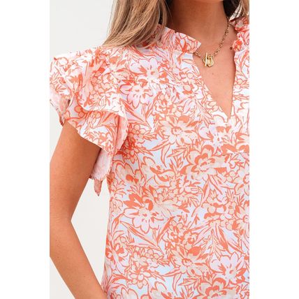 Orange Floral Ruffle Sleeve Split Neck Blouse