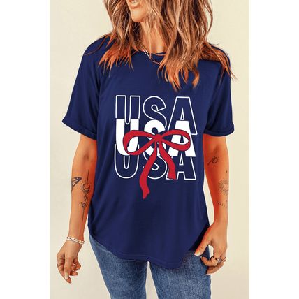 Blue USA Bow Printed Casual Cotton Blend T Shirt