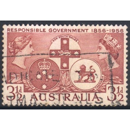 Australia 1956 - SG289 - 3½d lake - Badges of NSW - Victoria and Tasmania - used