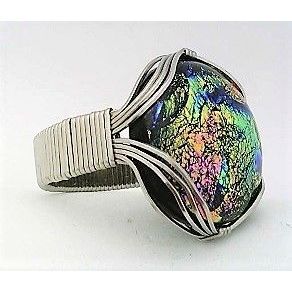 Pink Dichroic Glass Stainless Steel Adjustable Wire Wrap Ring 16