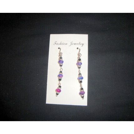 Black purple blend & clear crystal spacer 925 silver hook earrings
