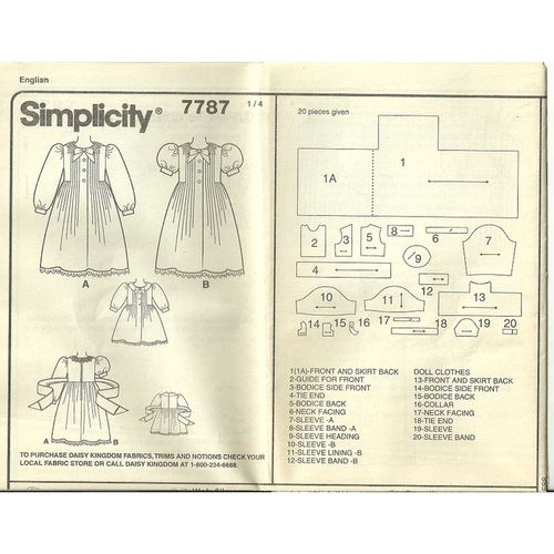 Simplicity 7787 Sewing Pattern Girls' & Doll Daisy Kingdom Dress size 3 4 5 6