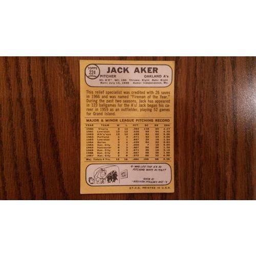 1968 Topps Card # 224 Jack Aker Good (2) Oakland Athletics
