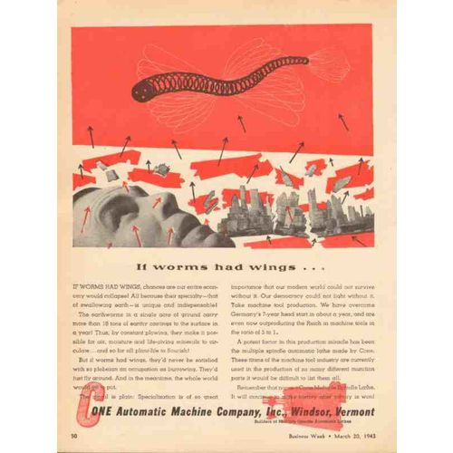 CONE AUTOMATIC MACHINE COMPANY 1943 If worms had wings vintage ad