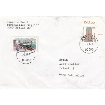 Berlin 1989 Berlin to Schorndorf cover Berlin 204 cancel typed VGC