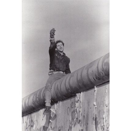 German Hooligan Fist In Air Triumphant On Berlin Wall 1989 Real Photo Postcard