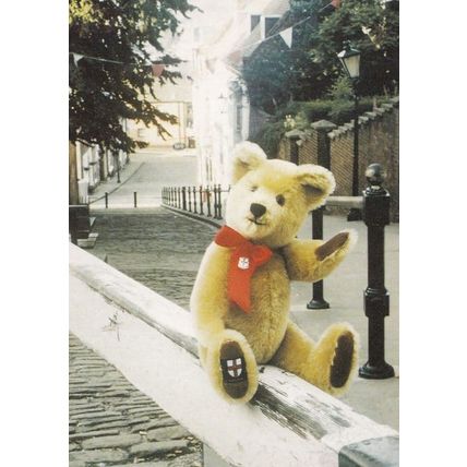 Lincoln Toy Teddy Bear in Red Ribbon Waving On Steep Hill Rare Postcard