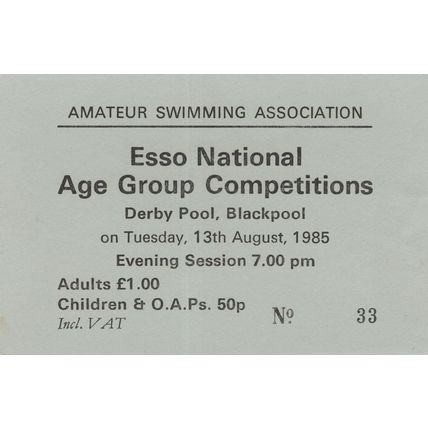 Esso Petrol Garage Swimming Championships Blackpool 1985 Ticket