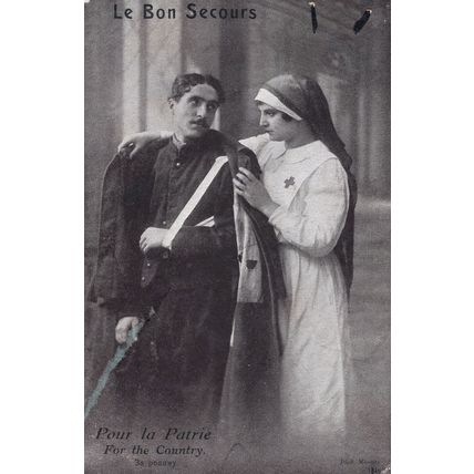 Injured French Army Soldier In Sling With Red Cross Nurse WW1 Postcard