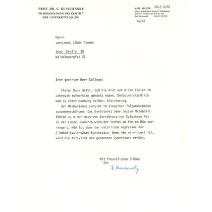 Dr Gustav Kuschinsky German Post WW2 Scientist Hand Signed Letter