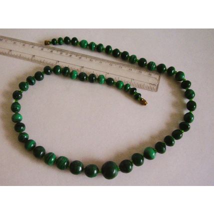 Vintage Natural Malachite Gemstone Carved Polished Bead 21" Necklace