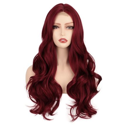 Wine red Curly Fashion Long real natural look WOMEN Party Full Fringe WIG