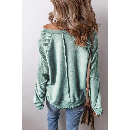 Mineral Blue Waffle Knit Patchwork Exposed Seam Raglan Sweatshirt