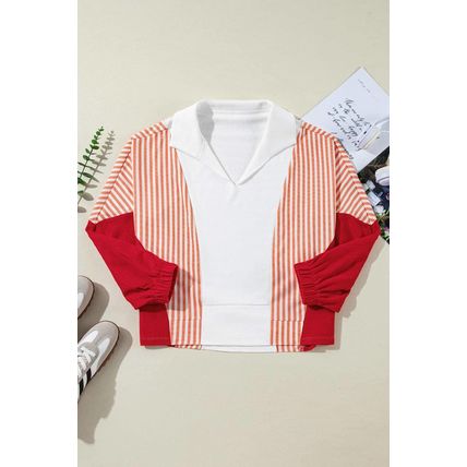 White Striped Color Block Collared V Neck Oversized Sweatshirt