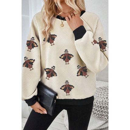 Jet Stream Textured Colorblock Edge Sequin Turkey Graphic Long Sleeve Top