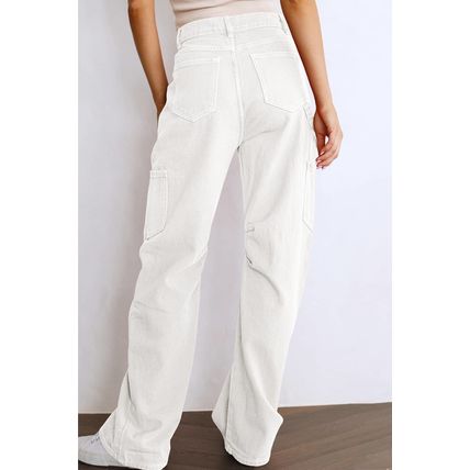 White High Waist Straight Leg Cargo Pants with Pockets