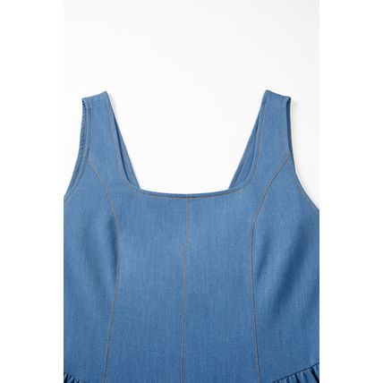 Myosotis Square Neck Pleated Waist V Cut Backless Tied Fit and Flare Dress