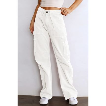 White High Waist Straight Leg Cargo Pants with Pockets