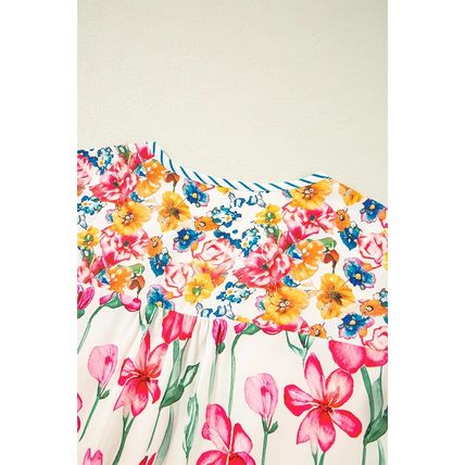 Pink Plus Size Floral Print Striped Trim V Neck Blouse