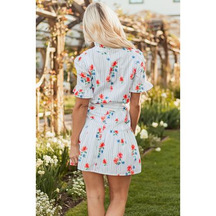 Sky Blue Stripe Floral Pattern Ruffle Short Sleeve Belted Mini Dress