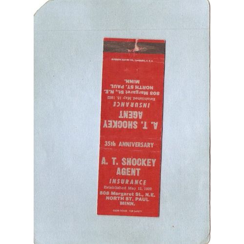 MN North St Paul Matchcover A T Shoxkey Agent Insurance 808 Margaret St N ~261