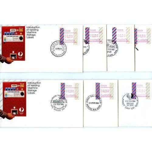 AUSTRALIA 1984 FDC FRAMA Vending Machine Labels Full Set of 7 x 30c Barred Edge