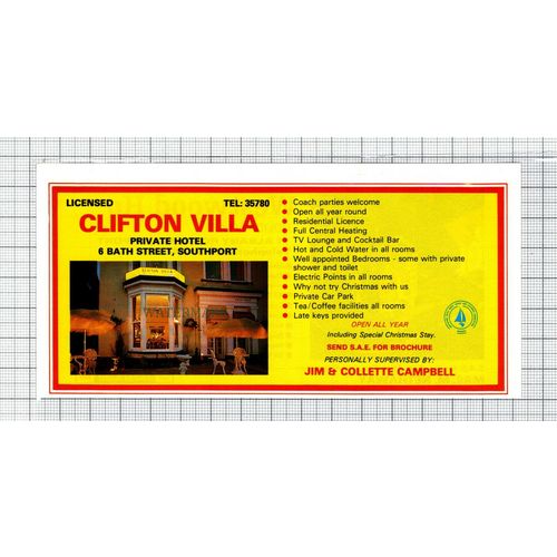 C7654) Clifton Villa Southport Jim Campbell / Westward Ho Nethaway - 1986 Advert