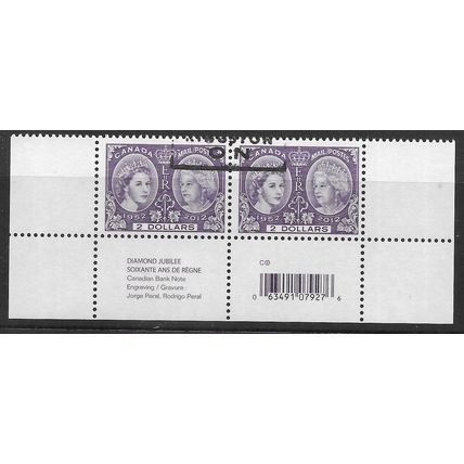 CAN 2012 PAIR OF $2.00 'QUEENS GOLDEN JUBILEE ' FINE USED (EBID77-907XL)