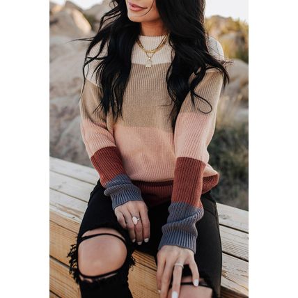 Khaki Color Block Knitted O-neck Pullover Sweater