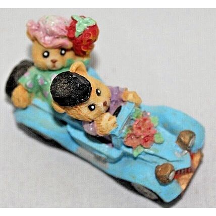 Vintage Set of 4 Hand Painted Polyresin Teddy Bear Couples in Cars Ornaments