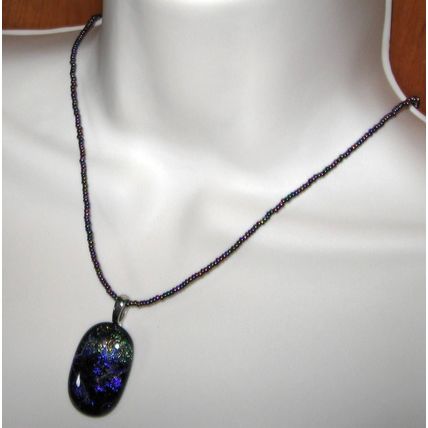 Dichroice Fused Glass Pendant & Glass Bead Handmade Necklace in violet