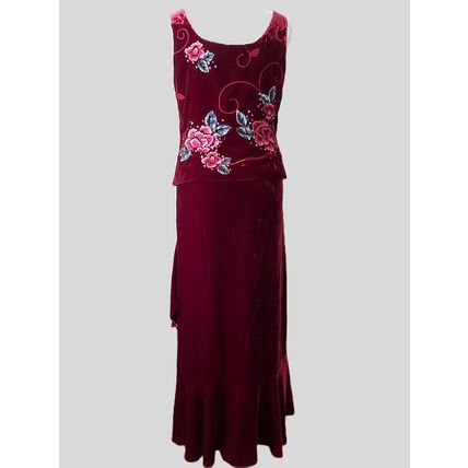 Kaliko red velvet silk suit 3 piece maxi skirt jacket top full length christmas