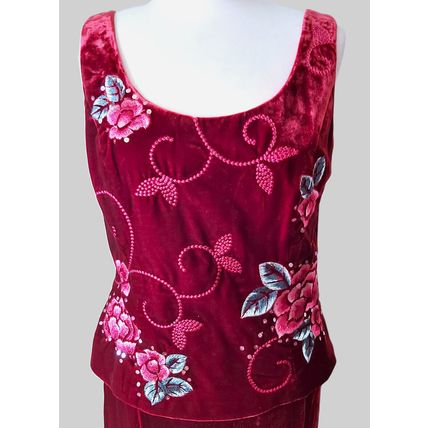 Kaliko red velvet silk suit 3 piece maxi skirt jacket top full length christmas