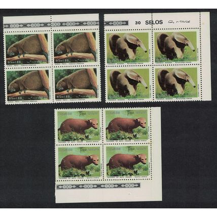 Brazil Bush Dog Porcupine Ant-eater 3v Blocks of 4 1988 MNH SG#2317-2319