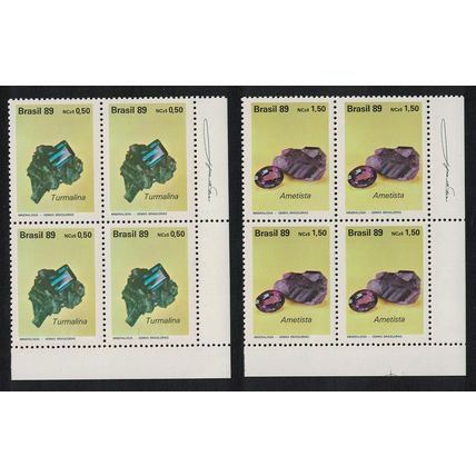 Brazil Precious Stones Amethyst Tourmaline 2v Corner Blocks of 4 1989 MNH
