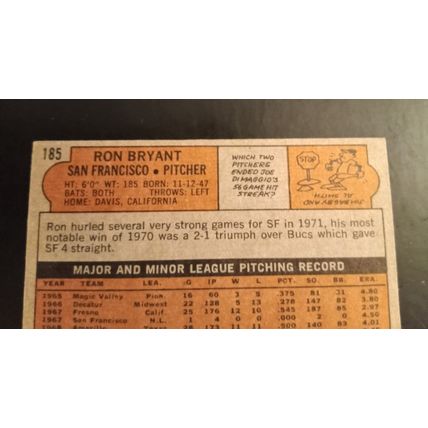 Topps 1972 185 Ron Bryant Pitcher San Fransico Giant 6.0 Excellen Mint Condition