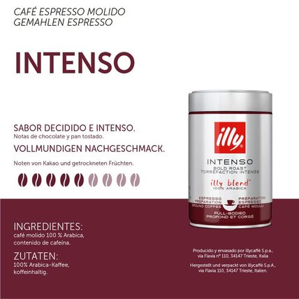 Illy Intenso Ground Espresso Coffee, Bold Roast, Intense, Robust and Full Flavor