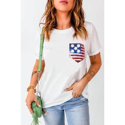 White American Flag Sequin Pocket Patched T Shirt
