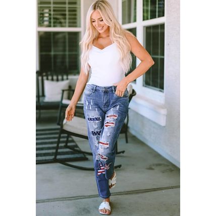 Sky Blue American Flag Patched Distressed Jeans