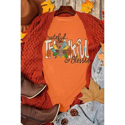 Orange Grateful Thankful Blessed Turkey Graphic Thanksgiving T Shirt